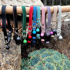 May include: A selection of cat collars in a range of colours, including black, green, red, blue, pink, purple, beige, and grey. The collars are made of textured leather and are displayed on a wooden dowel. Each collar has a small bell.