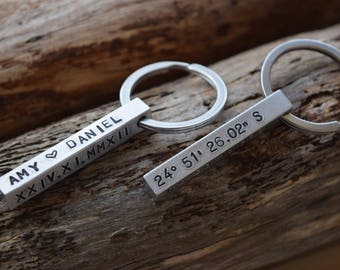 Key Ring Personalised Co-ordinates Roman Numerals Metal Solid Bar Valentine Love Custom Hand Stamped Identification Aluminium or Copper