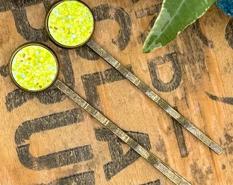 Neon Yellow Druzy Bobby Pins