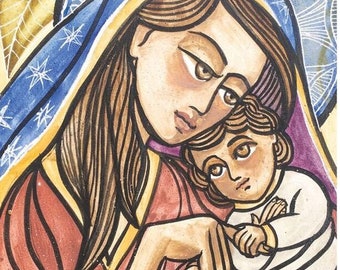 Black ink drawing Line art Mother and child Motherly love Mother and son Mother and son poster Linda Knotter Mary and baby Jesus