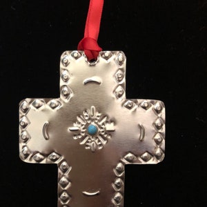 3&quot; x 4&quot; Tin Cross Ornament with Turquoise