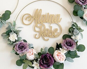 Nursery Floral 19 inch Hoop Wreath with laser cut name, Purple and Lavender Floral Wreaths For Nursery