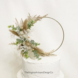 Hoop Dried Flowers Cake Topper - Taupe and Green/ Floral Cake Topper - Wedding/Anniversary Cake Topper, Dried Flowers cake topper