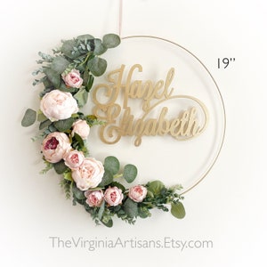 Floral Baby Shower Wreath, Personalized Wood Name Sign, Blush Pink Decor