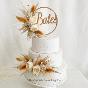 Personalized Hoop Cake Topper/ Dried Flowers/ Silk Flowers - Pampas/ Dried - Boho Cake Topper with Side Decor Option
