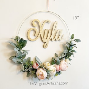 14" Nursery Hoop Wreath - Floral Wreath With Name - Baby Shower Wreath - Baby Shower Wreath with Name - Farmhouse Style - Girl Nursery