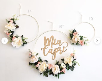 SET OF THREE - Nursery Floral Hoop Wreaths set of three 19", 14", 10" - Name Sign Option Available - Peaches and Cream Birthday Decor