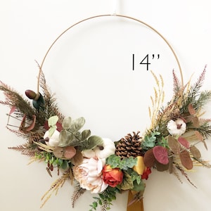 14" Fall Hoop Wreath, Modern Autumn Wreath, Holiday Wreath, Fall Farmhouse Wreath, Modern Wreath, Farmhouse Style Wreath