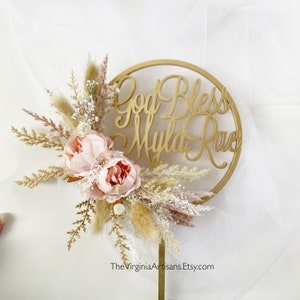 God Bless Cake Topper, Personalized Dried  Flowers/ Silk Flowers Cake Topper Personalized Baby Dedication Cake Topper - Flowers Cake Topper
