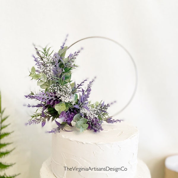 Hoop Faux Lavender and Dried Flowers Cake Topper - Floral Cake Topper - Wedding/Anniversary Cake Topper, Lavender cake topper