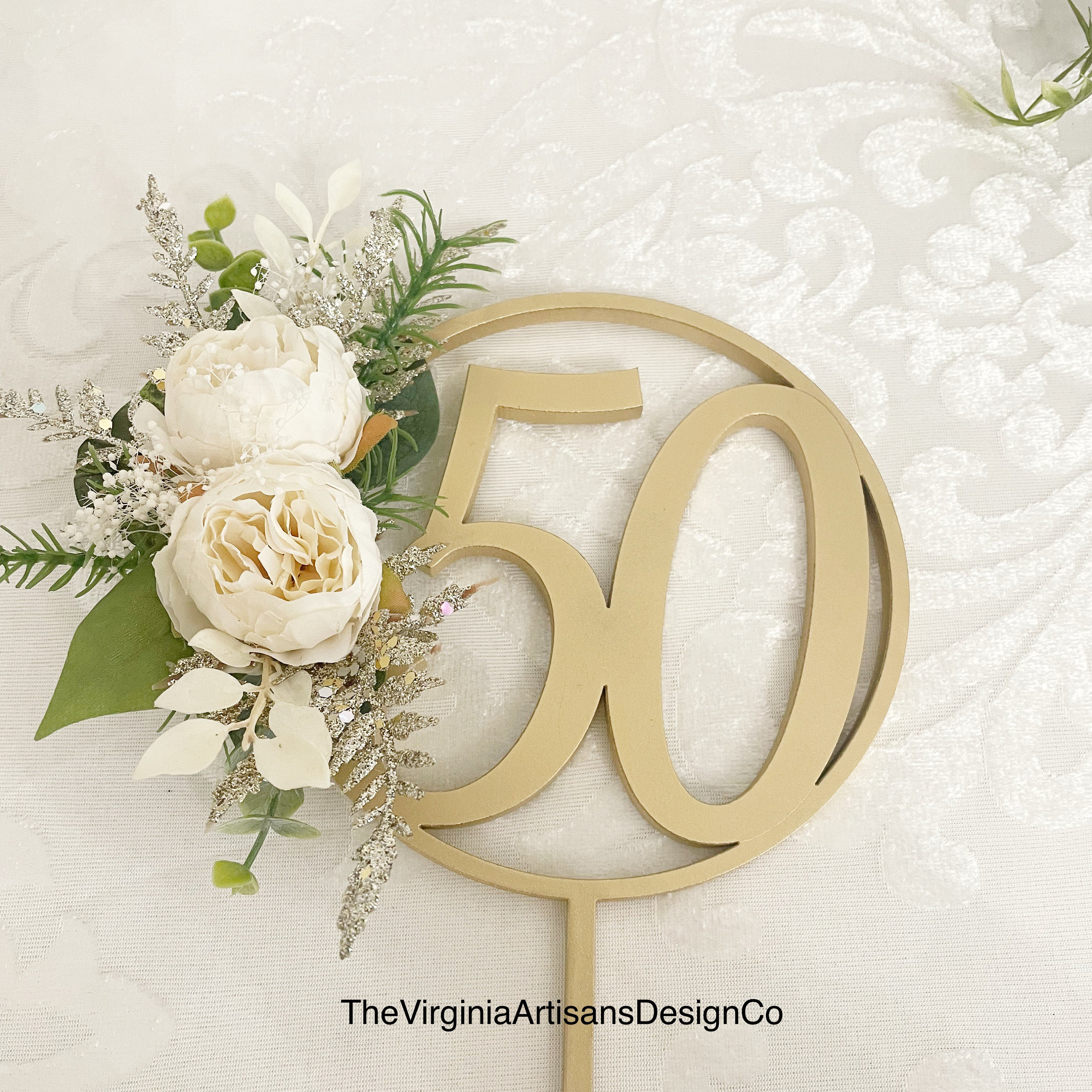 Fiftieth Wedding Anniversary Floral Cake Topper - Cake Topper with Flowers and Anniversary Number Cake Topper