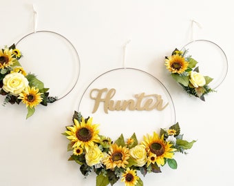 SET OF THREE - Sunflowers Flora Wreath - Set of three 19", 14", 10" - Name Sign Option Available - Sunflowers Birthday