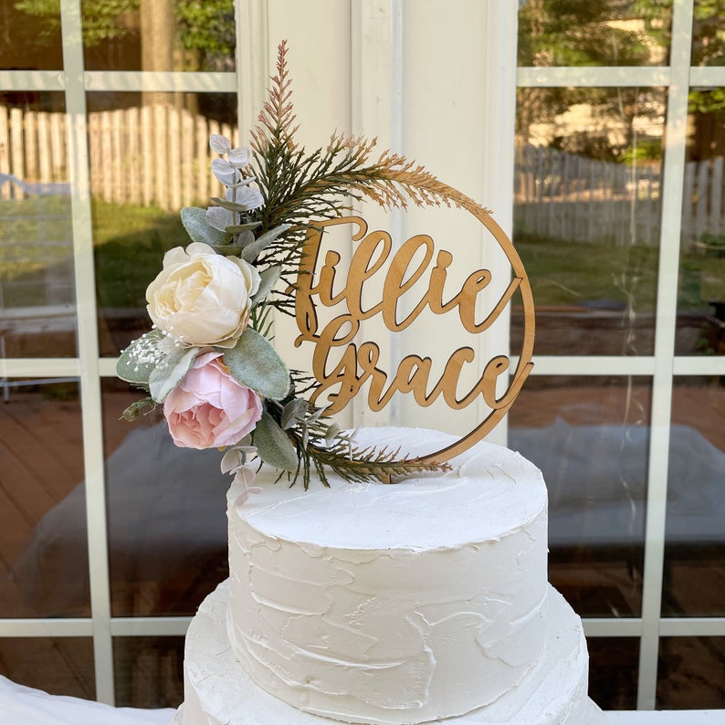 Personalized With Flowers Cake Topper Blush/cream Dried Etsy