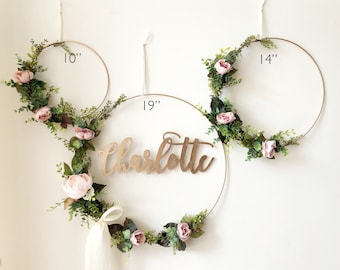 Set of 3 - Nursery Floral Hoop Wreaths, 19" , 14", and 10" with laser cut name, Floral Wreaths For Nursery, Floral Wreaths Backdrop