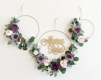 Set of 3 - Nursery Floral Hoop Wreaths, 19" , 14", and 10" with laser cut name, Purple and Lavender Floral Wreaths For Nursery