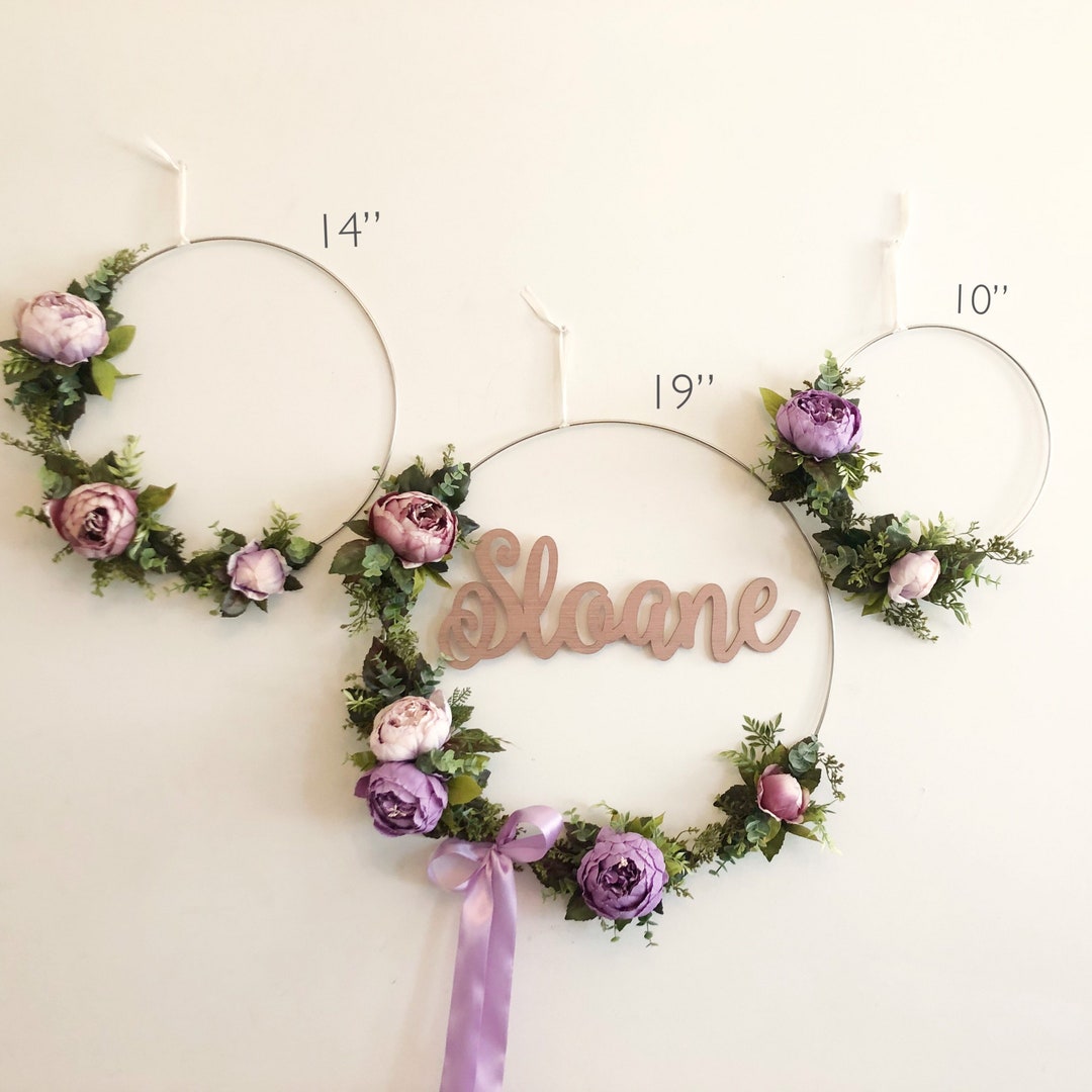 Set of 3 Nursery Floral Hoop Wreaths, 19 , 14, and 10 With Laser Cut ...