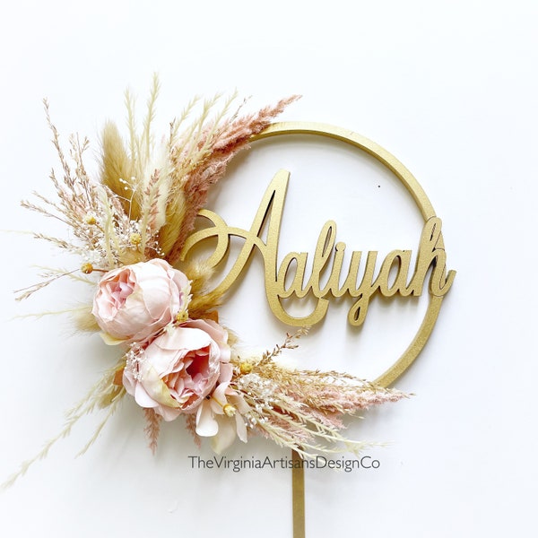 Personalized Cake Topper/ Dried Flowers/ Silk Flowers Cake Topper - Pampas/ Dried Flowers Cake Topper - Boho Cake Topper