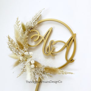 Initials Boho Cake Hoop Topper,  Two Initials with Dried Florals Cake Topper - Two Letters Cake Topper - Dried Flowers Wedding Cake Topper.