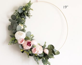 19" Peonies Floral Wreath, Bedroom Decor Floral Backdrop, Floral Wreath for Bedroom, Greenery Hoop Wreath with Flowers