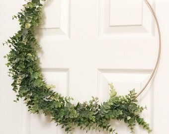 19" Modern Hoop Wreath With Greenery, Large Hoop Wreath, Wedding Hoop Wreath - Faux Eucalyptus Wreath, Modern Style Wreath, Farmhouse Wreath
