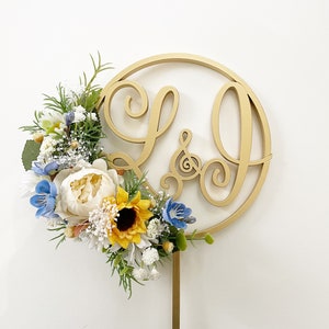 Initials Cake Hoop Topper,  Two Initials with Sunflower and Flowers Cake Topper - Two Letters Cake Topper - Wedding Cake Topper.