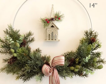 READY TO SHIP, Christmas Hoop Wreath, Winter Greenery Wreath, Holiday Wreath, Faux Greenery Wreath, Modern Wreath, Farmhouse Style Wreath