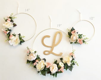 SET OF THREE - Modern Floral Hoop Wreaths set of three 19", 14", 10"- Modern Wreath with Initial - Peaches and Cream Birthday Decor