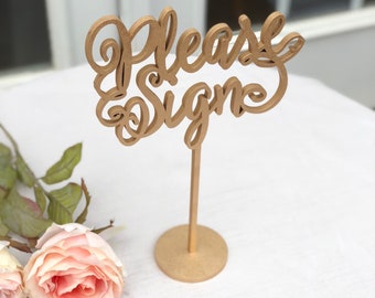 Laser Cut Please Sign - Please Sign Guestbook Sign, Wedding Signage - Gold Sign