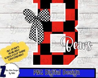 Custom School Spirit Letter Design • Buffalo Plaid Bow • Personalized Mascot & Colors • BackToSchool Sublimation Digital Download PNG, DTF