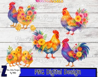Watercolor Chickens, Floral Chicken, Watercolor Rooster, Instant Download, png, dtf, sublimation, clipart, Chickens , Sublimation Design,