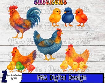 Watercolor Chickens, Chicken, Watercolor Rooster, hens, farm,Instant Download, png, dtf, sublimation, clipart, Chickens, Sublimation Design,