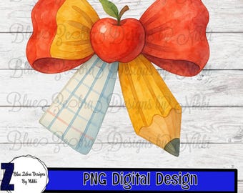 Back to School Bow PNG | Apple Pencil Notebook Clipart | Teacher Sublimation Design | Watercolor Bow | 300 DPI PNG | School Sticker Art