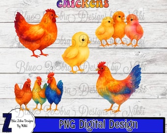 Watercolor Chickens, Chicken, Watercolor Rooster, hens, farm,Instant Download, png, dtf, sublimation, clipart, Chickens, Sublimation Design,