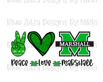 May include: Peace, love, and Marshall! A green peace sign with a football field pattern, a green heart with glitter, and a green letter M with the word "MARSHALL" in black text.