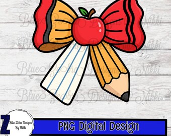 Back to School Bow PNG | Apple Pencil Notebook Clipart | Teacher Sublimation Design | High-Resolution 300 DPI PNG | School Sticker Art