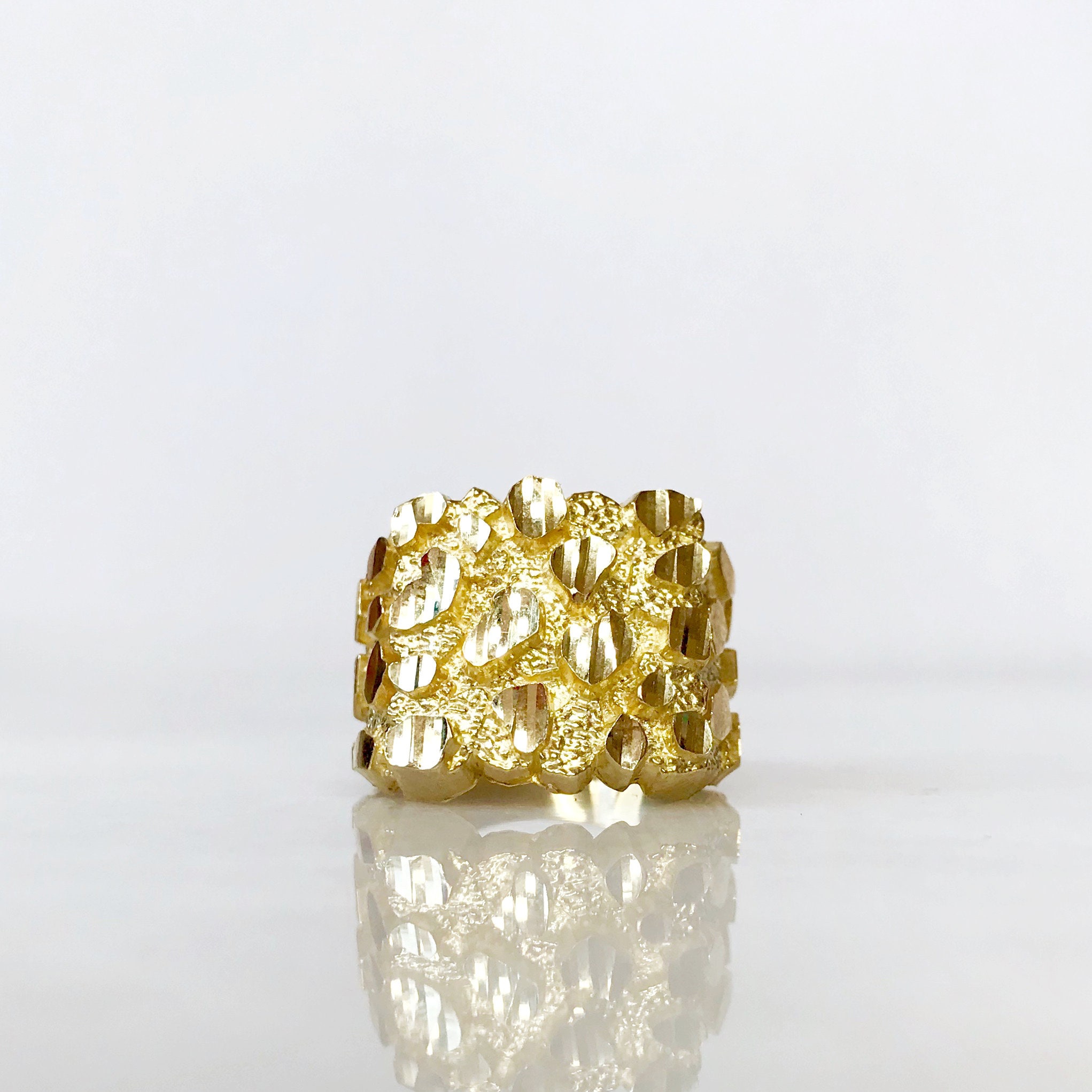 10k/14k Solid Gold Nugget Mens Ring Diamond Cut | Etsy