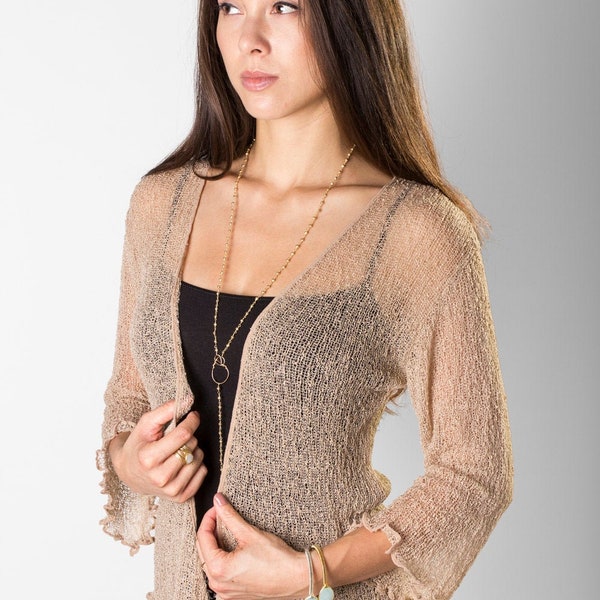 Beige Light Sweater, 3/4 or Long Sleeve Sheer Knitted Top, Fine Knit Stretchy Bohemian clothing,  Boho Wedding Knitted Wrap