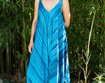 Womens Harem Jumpsuit Infinity Jurk, Boho Zomerkleding, Resort Beach Cover Up Stripe Print, Blauw & Turquoise, 24" Torso S-XL LAATSTE VERKOOP!
