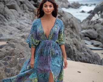 Gray Rainbow Batik Kimono Slit Dress, Sexy Double Slit Long Dress, Vacation Outfit, Resort Wear, Long Bohemian Beach Dress, Beach Wear