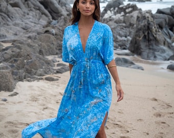 Blue Tie-Dye Floral Kimono Double Slit Sexy Long Dress, Vacation Outfit, Resort Wear, Long Bohemian Watercolor Beach Dress, Fits XS-L