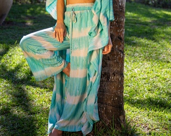 Wide Leg Beach Pant, Green Tie-Dye Lightweight Boho Summer, Lounge Pajama Pants, Comfy Beach Cover-Up with Pockets, Fits XS-M