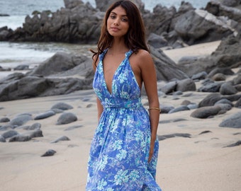 Blue Teal Floral Tropical Tammy Dress, Bridesmaid Multiway Infinity Maxi, Lightweight Elegant Evening Resort Dress, Fits XS-L (0-12)