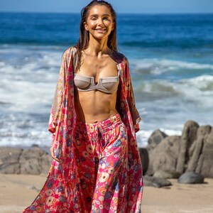 Pink Kaftan Robe & Wide Resort Premium Pant Lounge Set Bridesmaid Robes, Kimono Wrap Cover Up, Elegant Beach Kaftan Robe and Pant L/XL