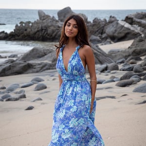 Blue Teal Floral Tropical Tammy Dress, Bridesmaid Multiway Infinity Maxi, Lightweight Elegant Evening Resort Dress, Fits XS-L (0-12)