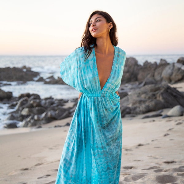 Gift for Mom Turquoise Tie-Dye Kimono Long Dress, Mom's Vacation Outfit, Mother's Day Gift, Maxi Bohemian Watercolor Beach Dress, Fits XS-L