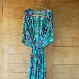 Teal Rainbow Batik Kaftan Robe, Bridesmaid Robes, Kimono Wrap Cover Up, Summer Beach Kaftan, Boho Clothing, Lounge Resort Wear