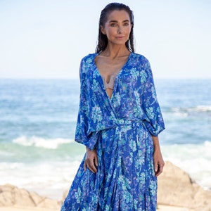 Blue Kaftan Robe & Wide Resort Premium Pant Set, Elegant Bridesmaid Robe and Pant Resort Loungewear, Long Kimono Wrap Cover Up, Beach Kaftan