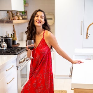 Bright Red Batik Harem Jumpsuit Converts to Dress Women's Bohemian Beach Dress Tropical Xmas Vacay Resort Boho Goddess Maxi Fits XS-XL