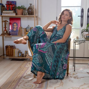 Teal Multi-Way Batik Harem Jumpsuit Converts into a Dress Summer Lounge Wear, Bohemian Resort Beach Cover Up 21&quot; Fits XS-L, Final Sale!
