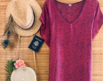 Vestido caftán de seda para mujer en batik rosa púrpura, caftán de playa boho, caftán de playa de seda de Bali, bata larga de seda maxi ¡VENTA FINAL!